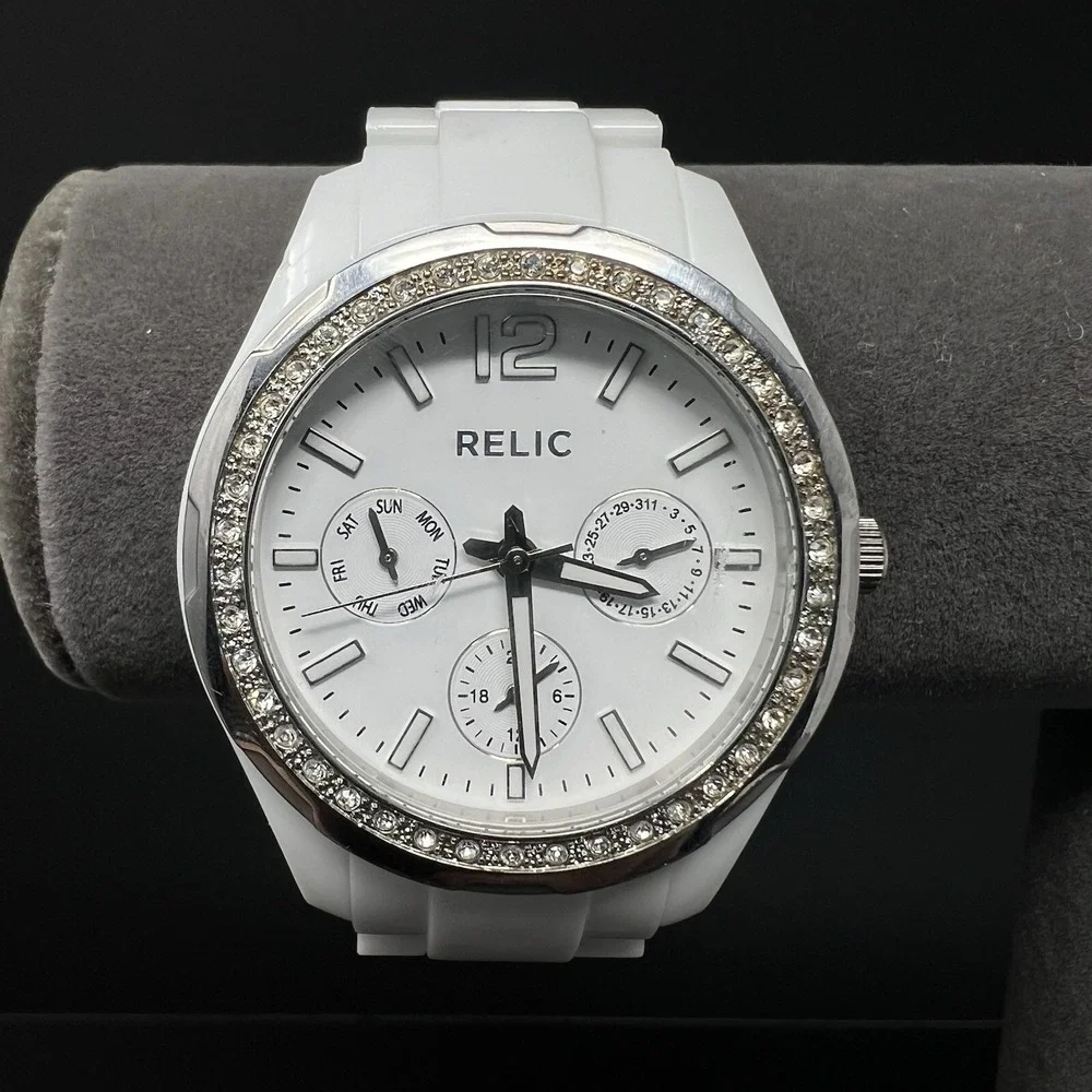 Relic Women's Watch White Band Analog Rhinestone Bezel 165FT Water Resistant